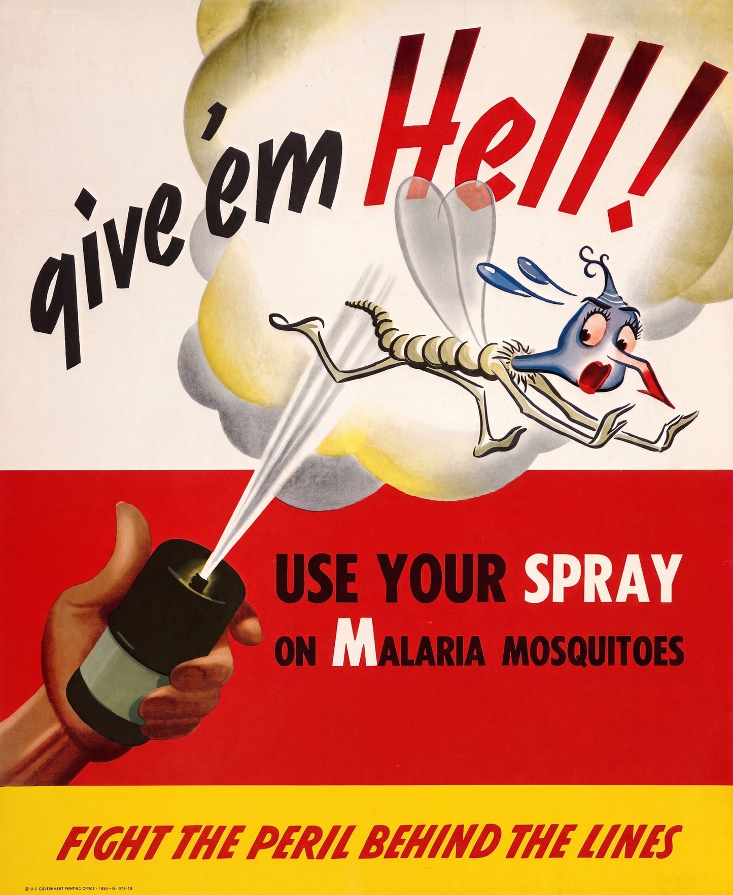 1944 WW2 propaganda poster showing cartoon mosquito escaping spray can, red and yellow palette, attributed Theodor Geisel