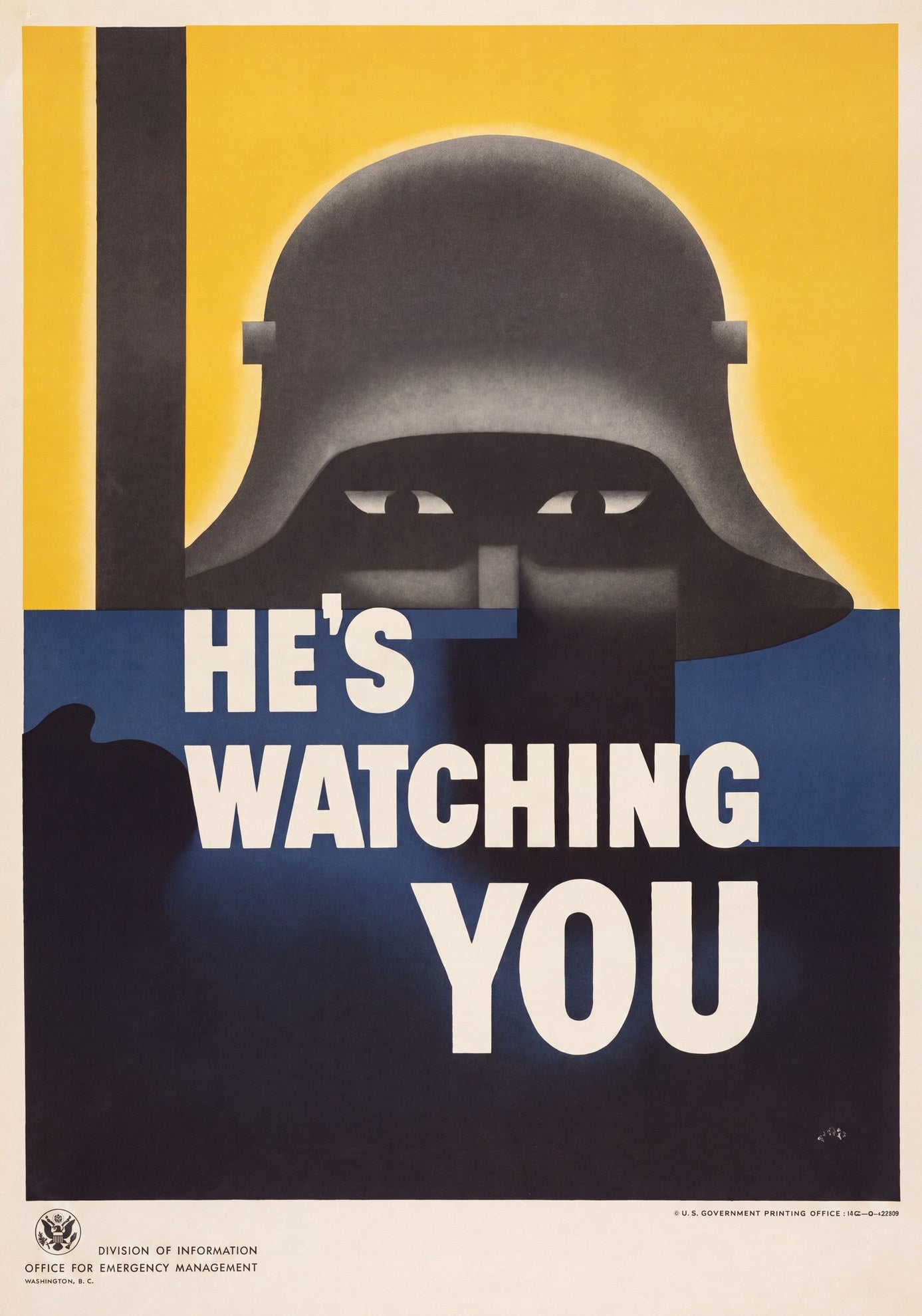 1942 war propaganda poster showing German soldier helmet silhouette with eyes, yellow and blue background, Glenn Grohe