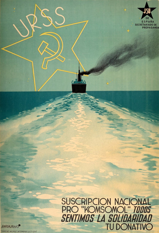 1937 Spanish Civil War propaganda poster showing Soviet submarine conning tower, JSU España, José Bardasano