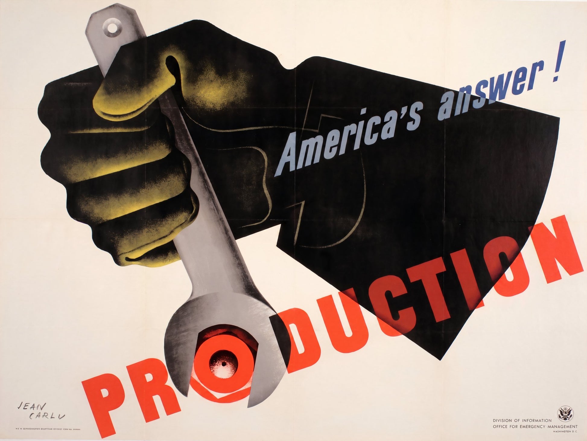 1942 US propaganda poster by Jean Carlu: black-gloved hand grips wrench against cream, red PRODUCTION type | The Vintage Poster Archives