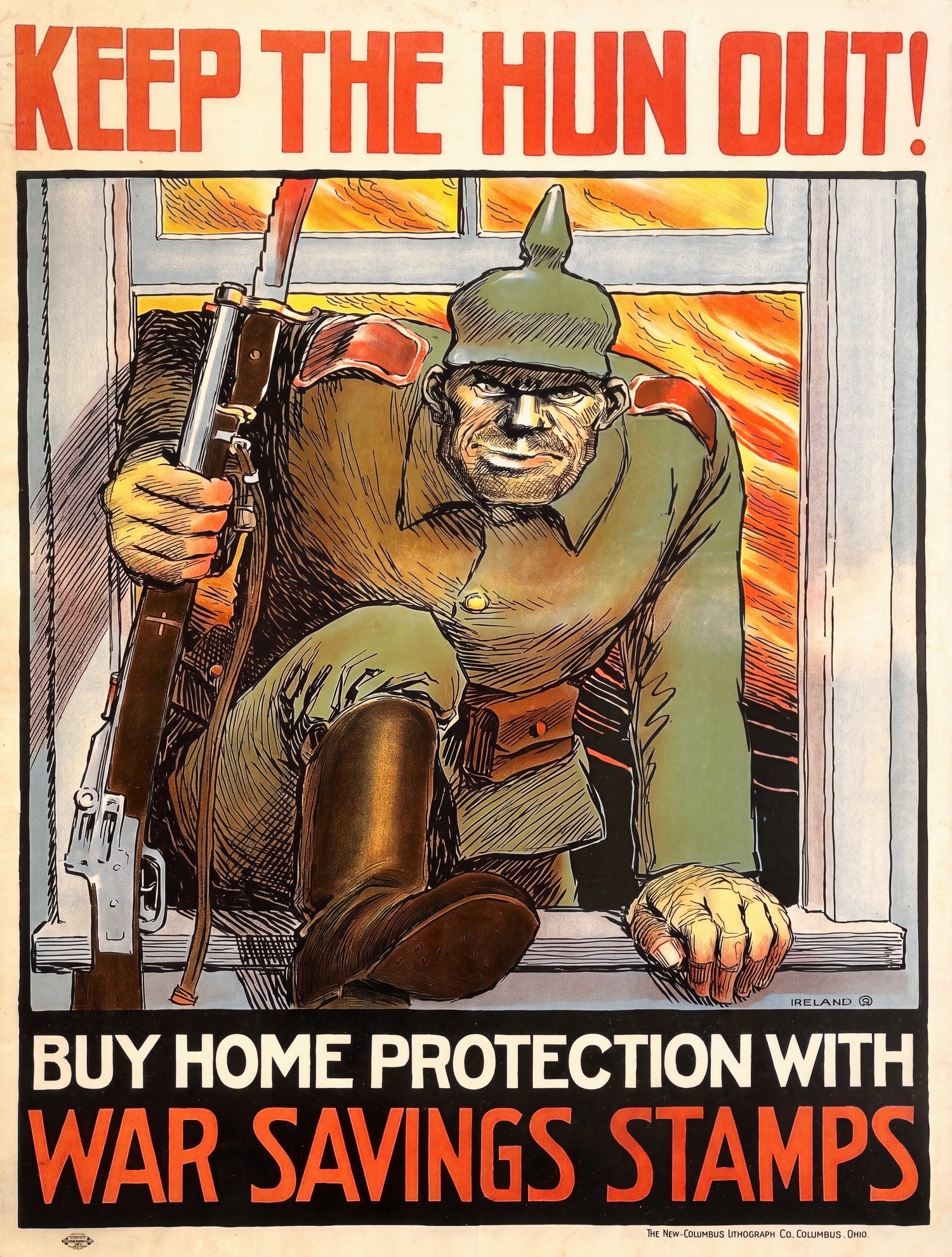 WW1 propaganda poster 1917 showing German soldier in Pickelhaube climbing through window, red and olive, William Ireland | The Vintage Poster Archives