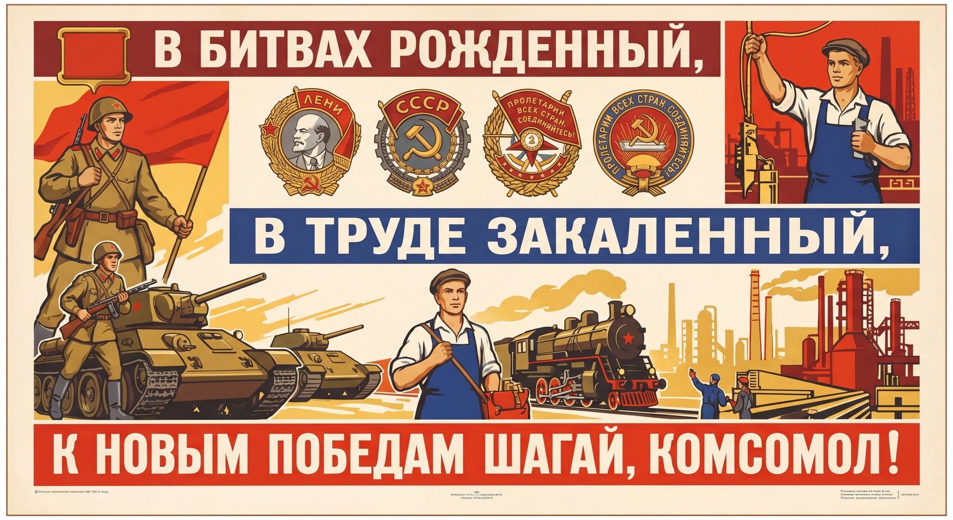 1950s Soviet Komsomol propaganda poster showing Lenin medallions, soldiers with tanks, and industrial worker in blue overalls