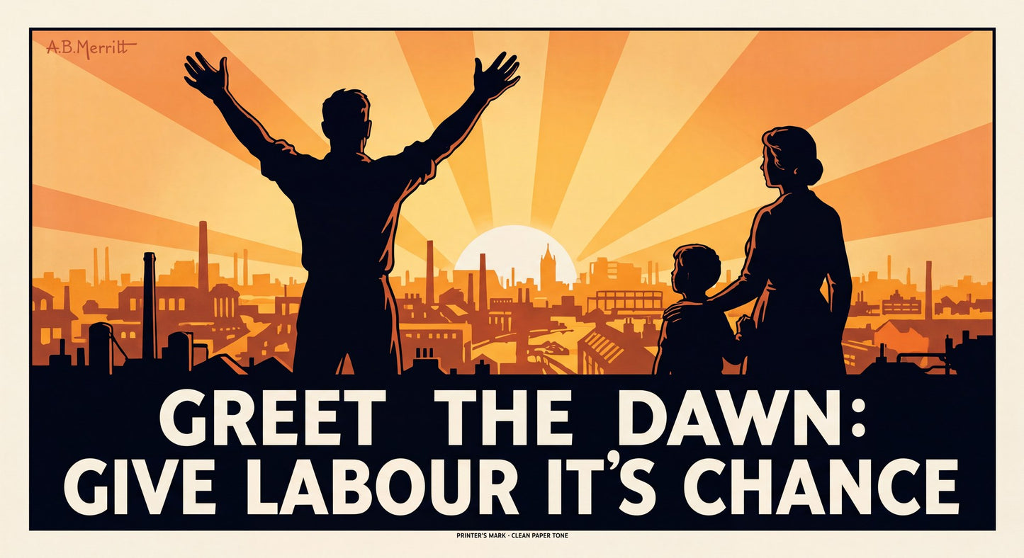1920s British Labour Party election poster showing silhouetted worker with raised arms against orange sunburst, A.S. Merritt