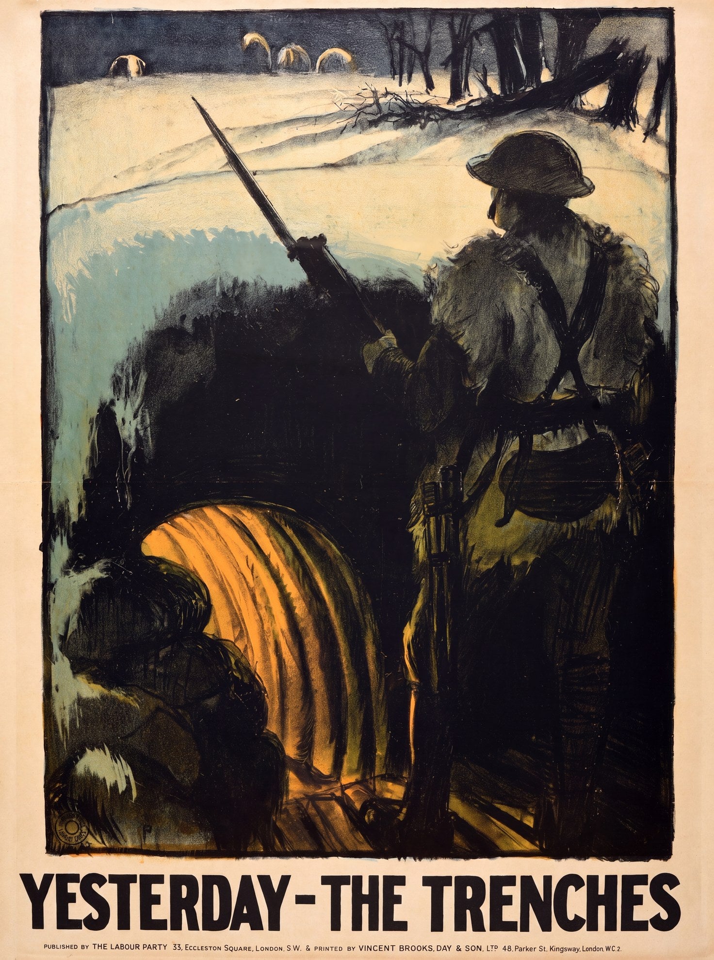 1918 Labour Party propaganda poster showing WWI soldier silhouette overlooking battlefield, sepia and cream palette, Spencer Pryse