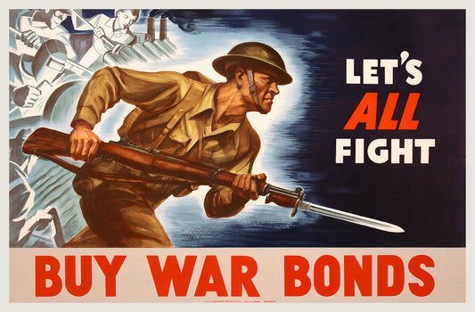 1942 WW2 propaganda poster: US soldier charges forward with bayonet rifle, war workers behind him, red and white lettering | The Vintage Poster Archives