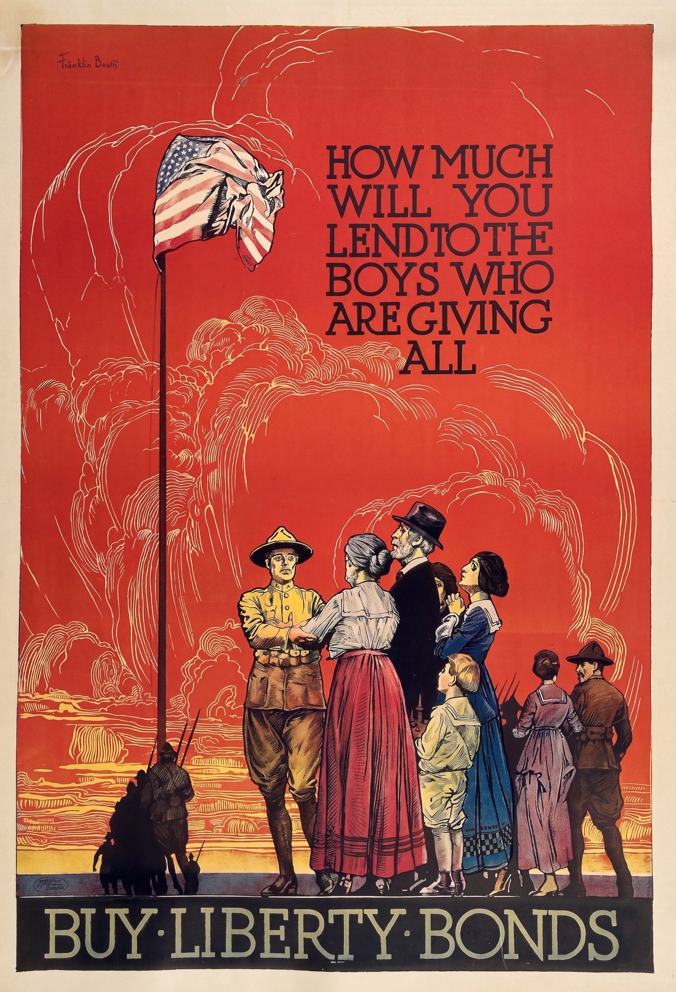 1917 Liberty Bonds war poster showing family farewell scene, red background with American flag, Franklin Booth