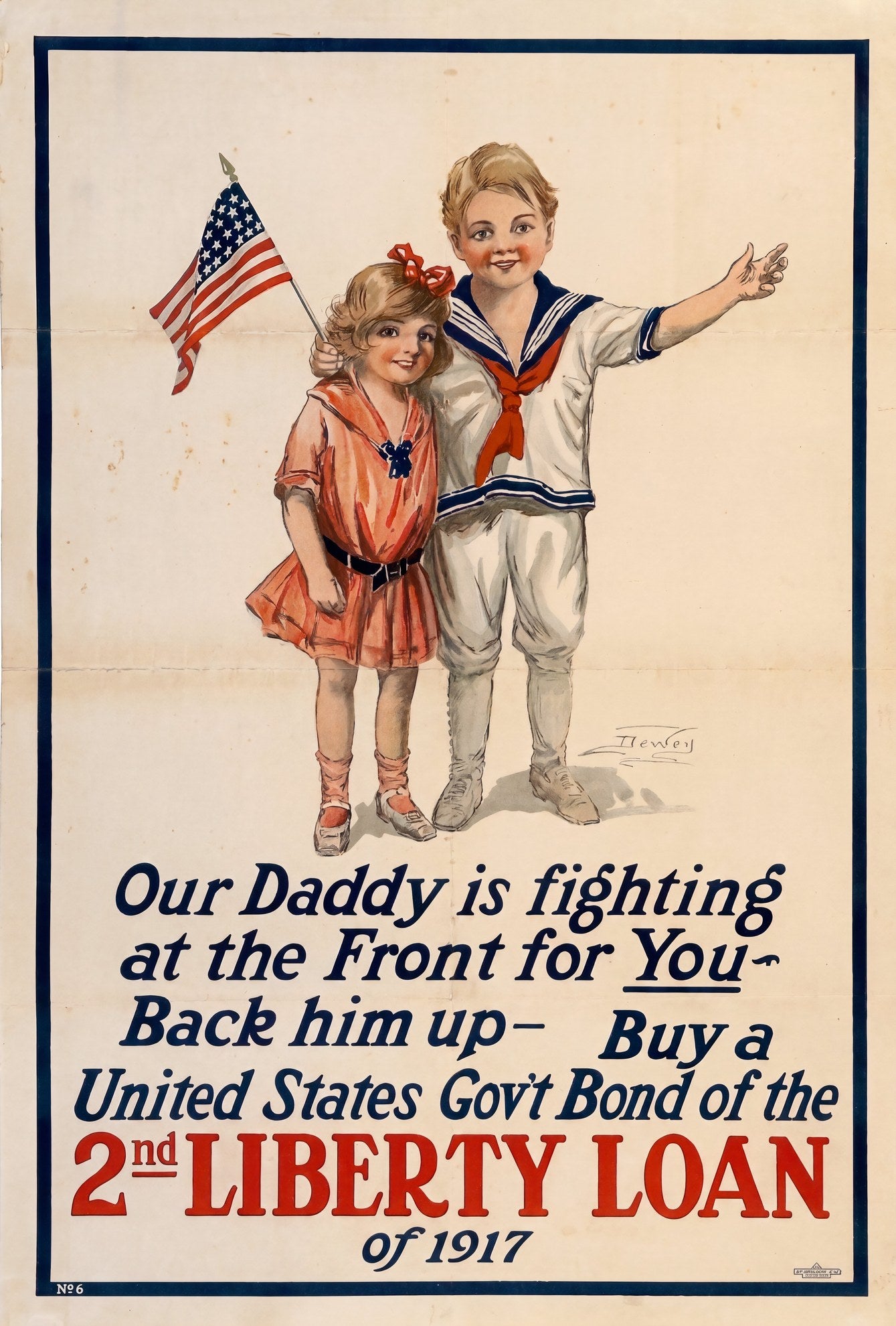 1917 WW1 poster: two children, girl in coral dress with US flag, boy in sailor suit, Liberty Loan war bond appeal | Vintage Poster Archives