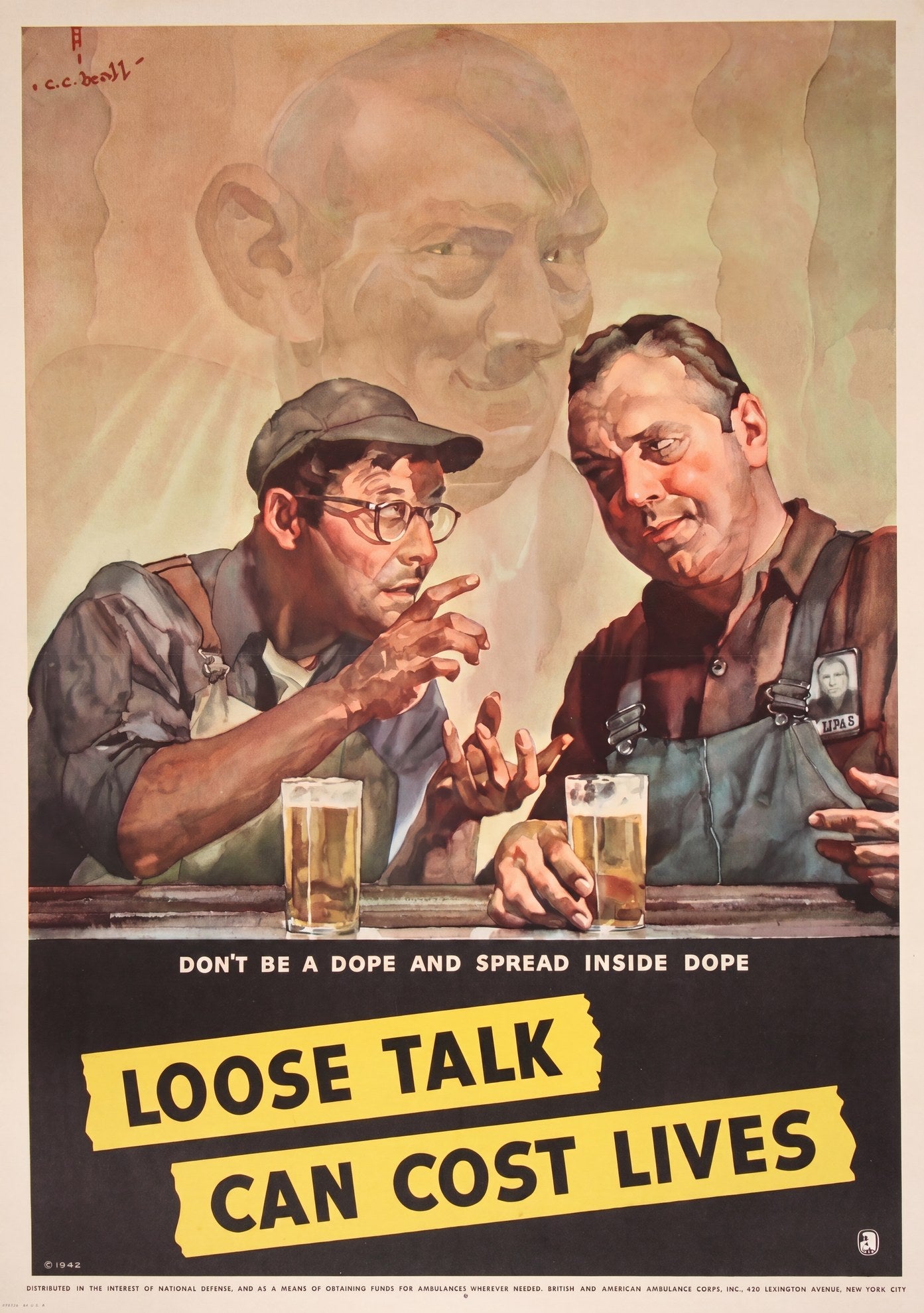 1942 American propaganda poster showing two workers at bar with Hitler eavesdropping, brown cream palette, Cecil Beall
