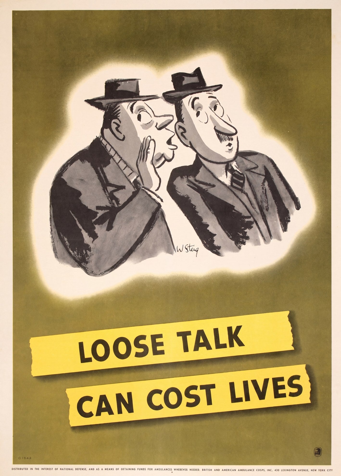 1942 WWII propaganda poster showing two men whispering, olive-green background, yellow banner text, William Steig