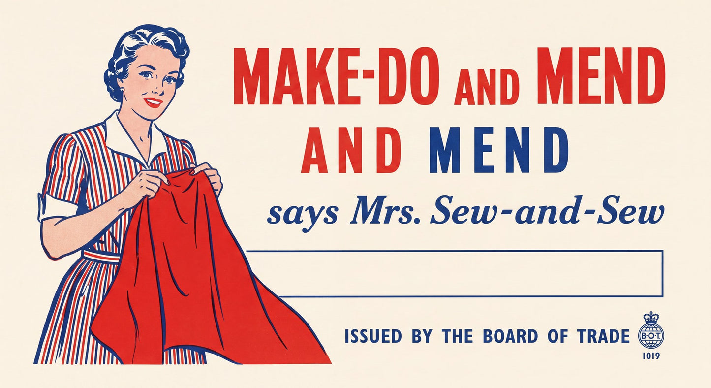 1943 Make-Do and Mend propaganda poster showing Mrs Sew-and-Sew in striped dress sewing red garment, Board of Trade