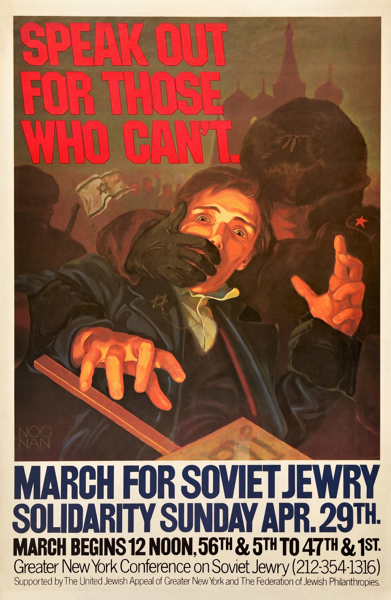 1984 US protest poster, Soviet officer silences Jewish civilian, red headline SPEAK OUT FOR THOSE WHO CAN'T, Noonan | The Vintage Poster Archives
