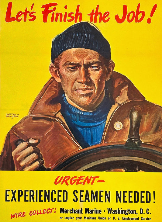 1944 Merchant Marine WW2 propaganda poster with Let's Finish The Job message, Martha Sawyers