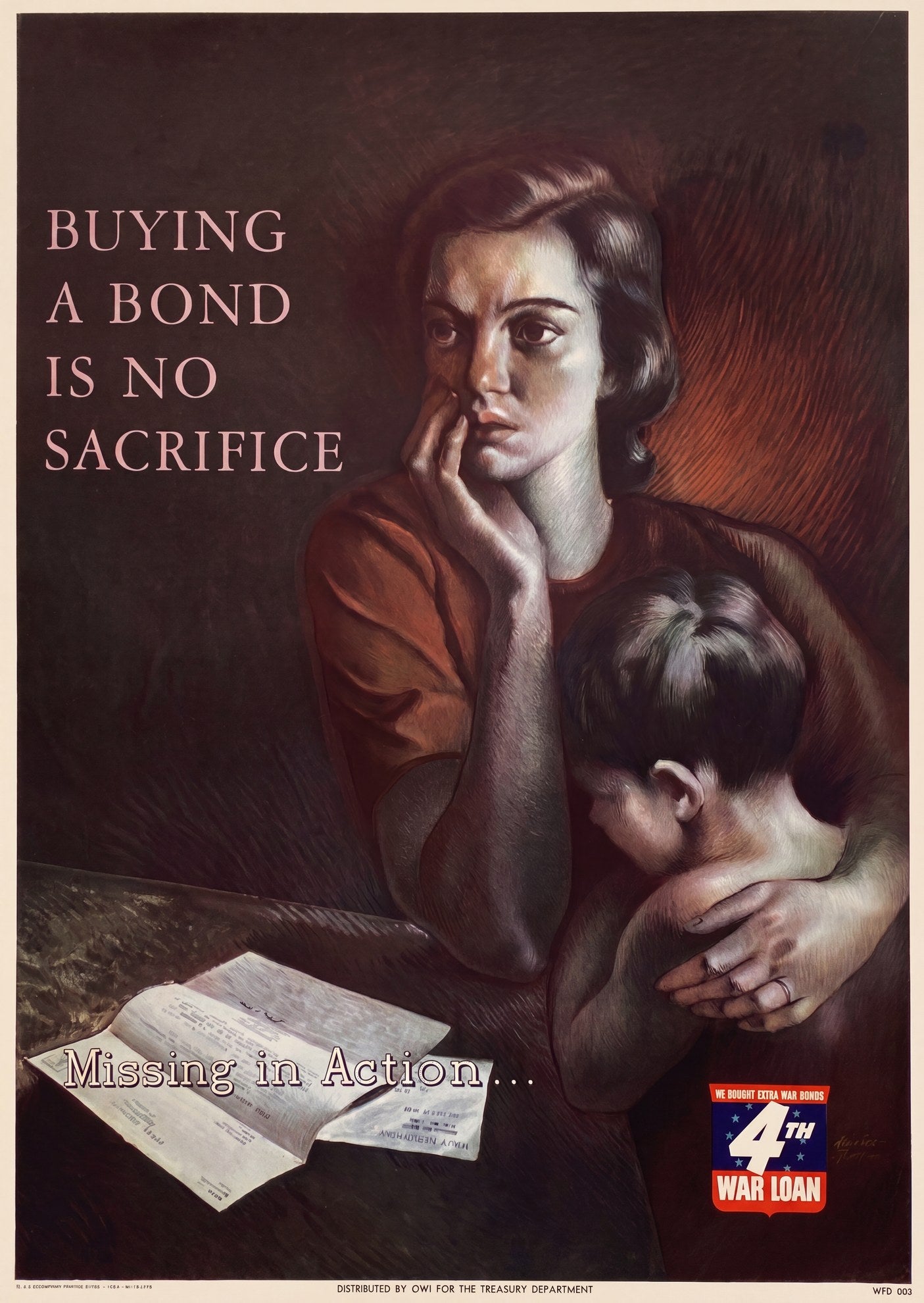 1943 US Treasury poster showing mother and child receiving Missing in Action letter, red and brown palette, Xavier Gonzalez