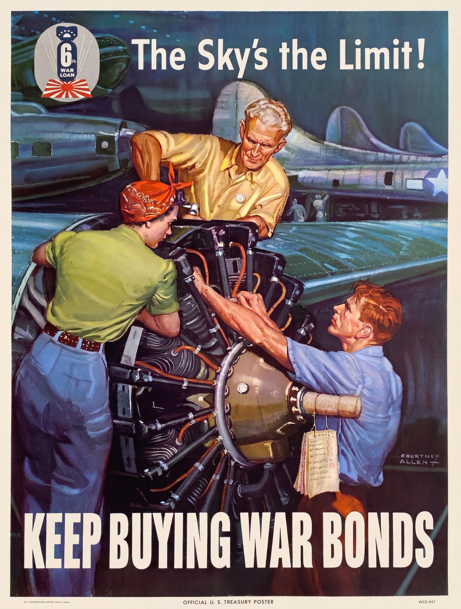 1944 6th War Loan poster showing three mechanics working on military aircraft engine, blue and yellow palette, Courtney Allen