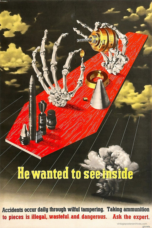 1943 WW2 military safety poster showing He Wanted To See Inside warning design, Abram Games