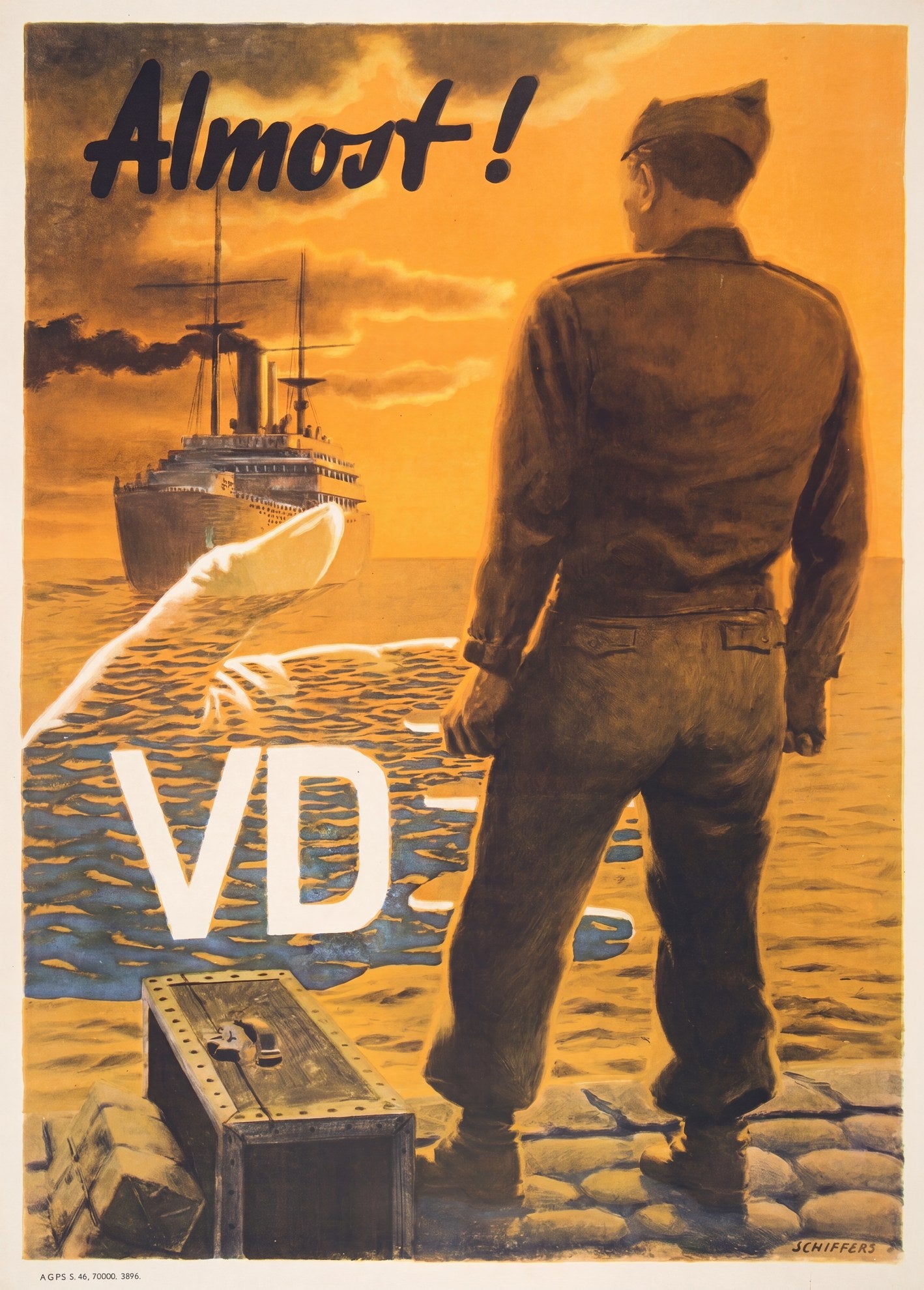1946 US Army VD prevention poster showing soldier watching departing ship, orange sunset, Franz Schiffers design