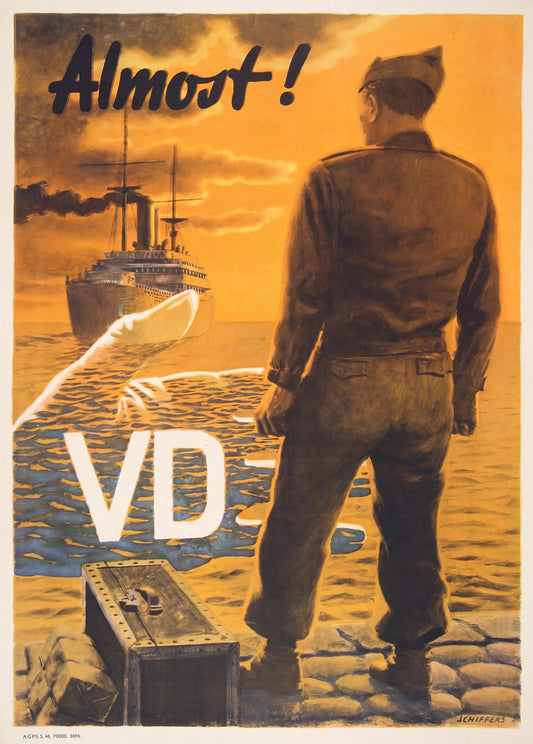 1946 US Army VD prevention poster showing soldier watching departing ship, orange sunset, Franz Schiffers design