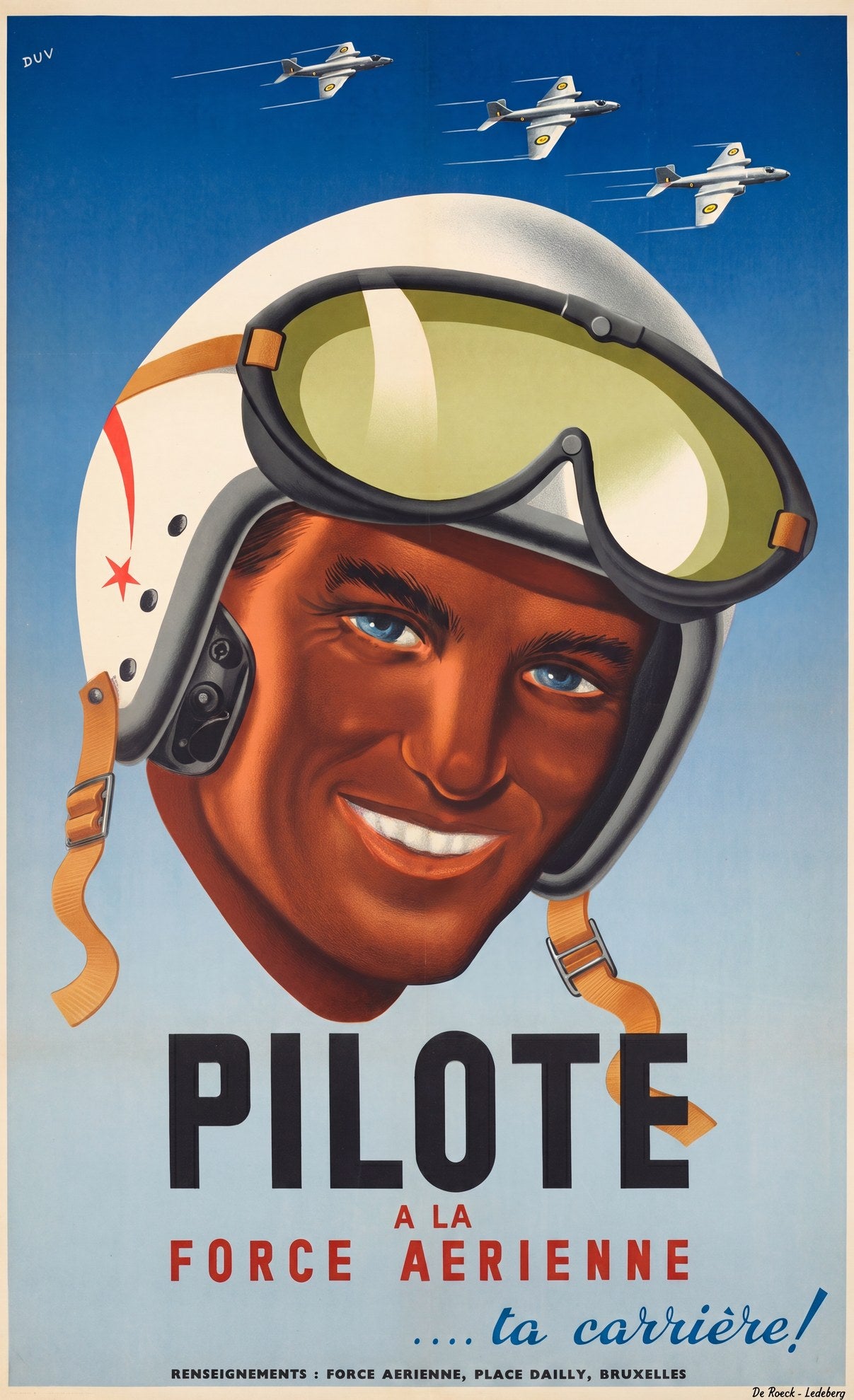 1950s Belgian Air Force pilot recruitment poster showing pilot in white helmet with orange goggles, three aircraft overhead