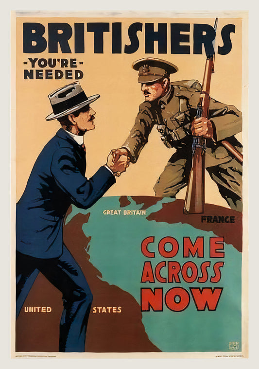 WW1 recruitment poster 1917 showing British soldier and civilian shaking hands across globe, Lloyd Myers | The Vintage Poster Archives