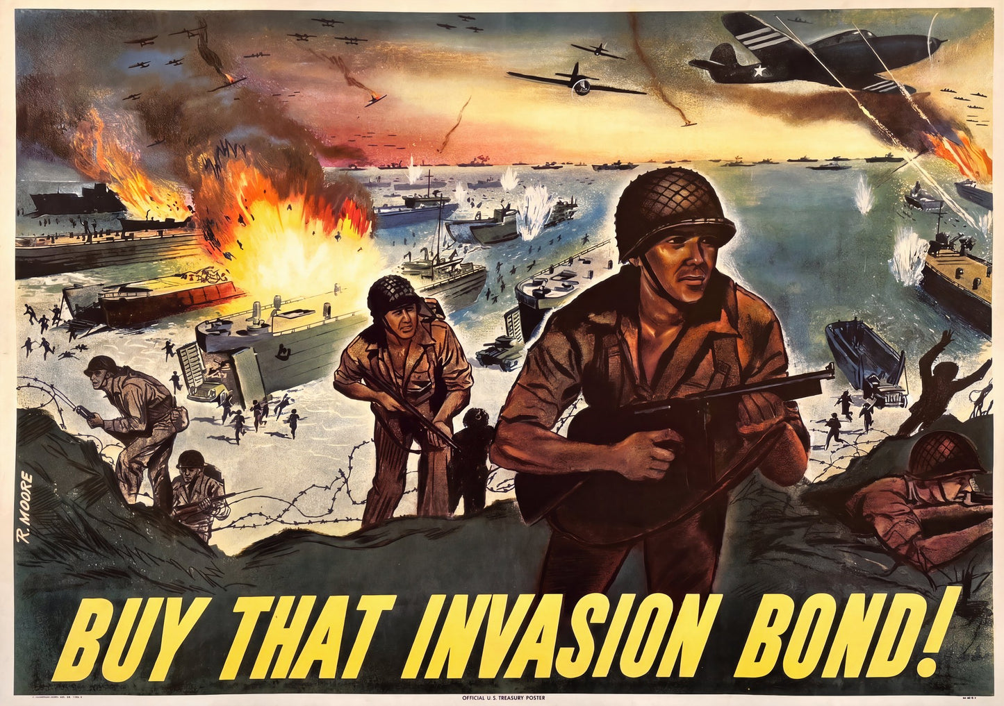 1944 WW2 propaganda poster: GI advances with rifle, Higgins boats, invasion beach, R. Moore, US Treasury | The Vintage Poster Archives