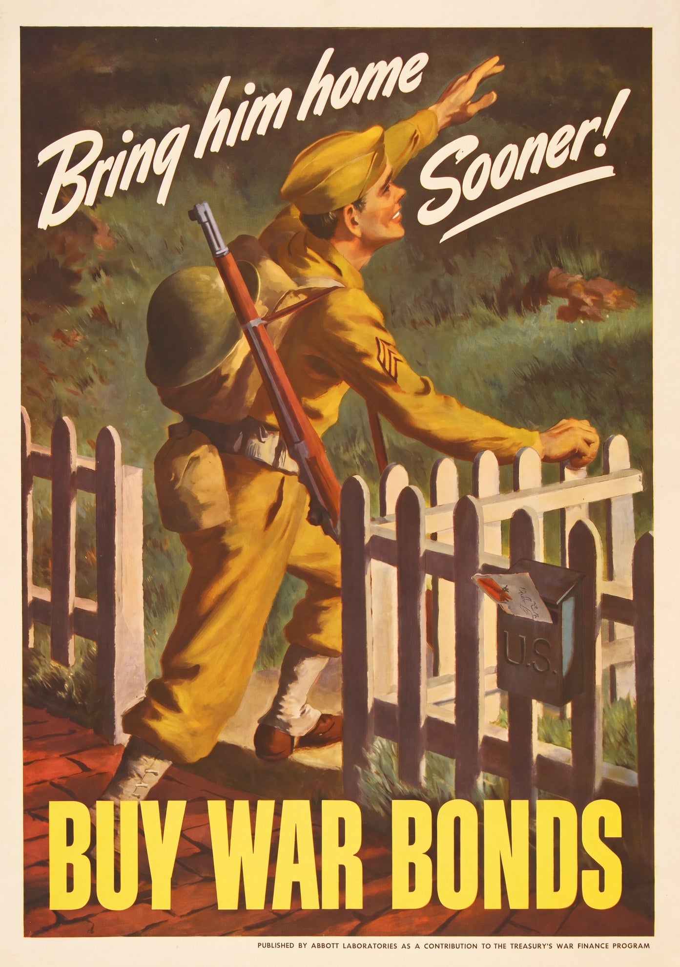 1943 WWII propaganda poster showing US Army soldier returning home through white picket gate, Lawrence Beall Smith