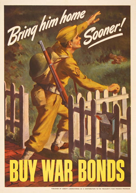 1943 WWII propaganda poster showing US Army soldier returning home through white picket gate, Lawrence Beall Smith