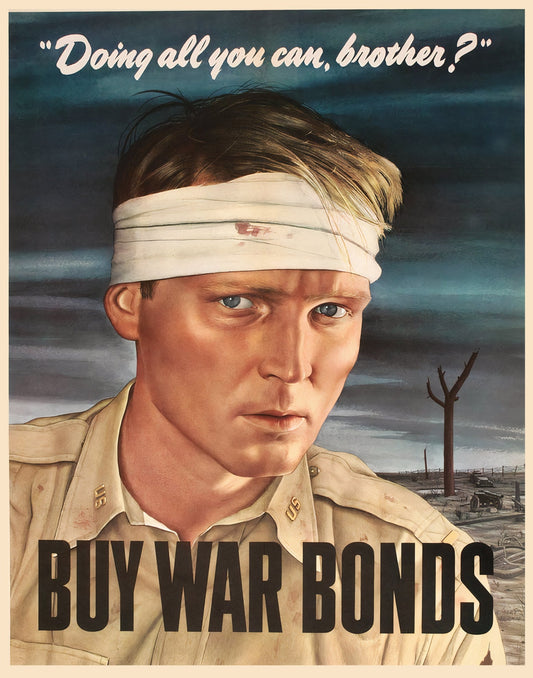 1943 Buy War Bonds WW2 home front poster showing wounded soldier asking Doing All You Can, Sloan