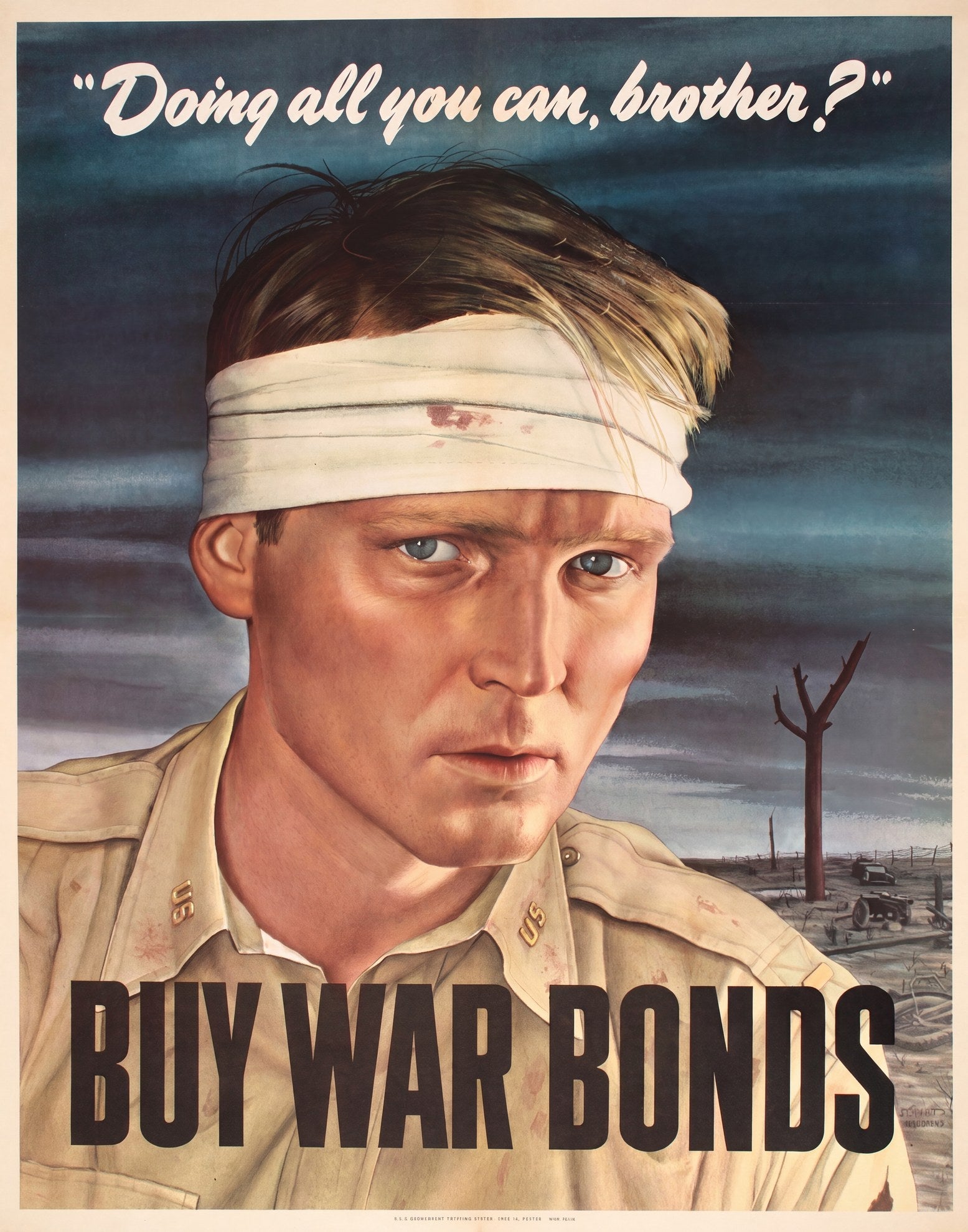 1943 WWII propaganda poster showing wounded US soldier with head bandage, khaki uniform, desolate battlefield background, Robert Sloan