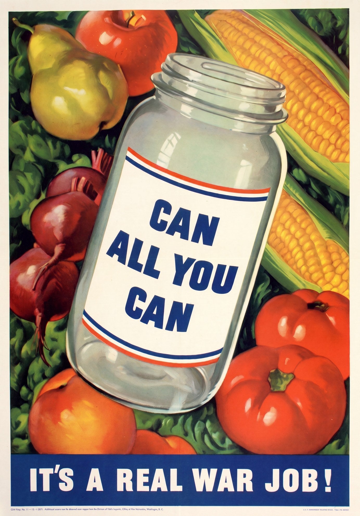 1943 WW2 home front poster showing mason jar with vegetables, corn and tomatoes, blue patriotic banner, OWI