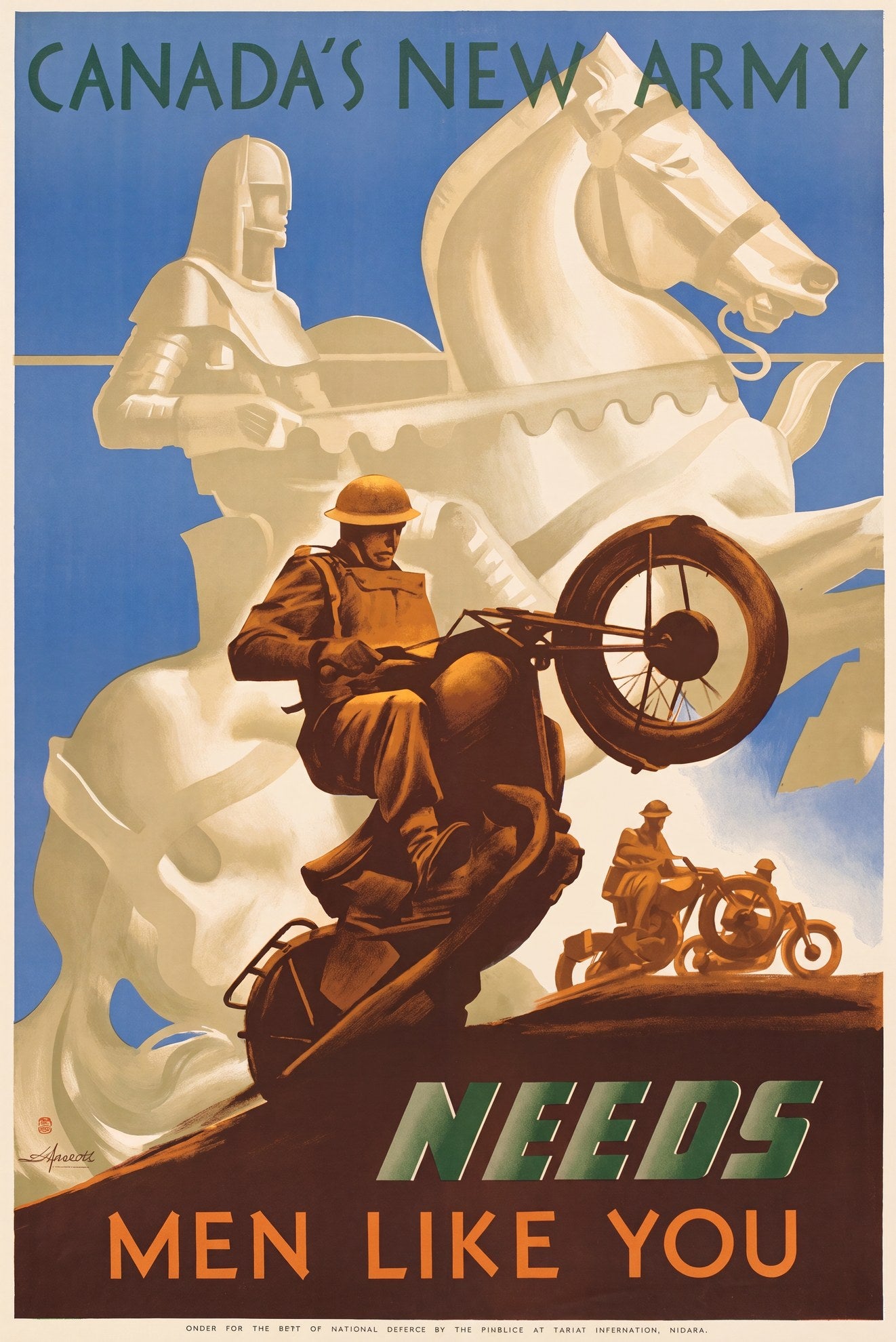 1942 Canadian recruitment poster showing soldier on motorcycle with ghostly medieval knight behind, Eric Aldwinckle