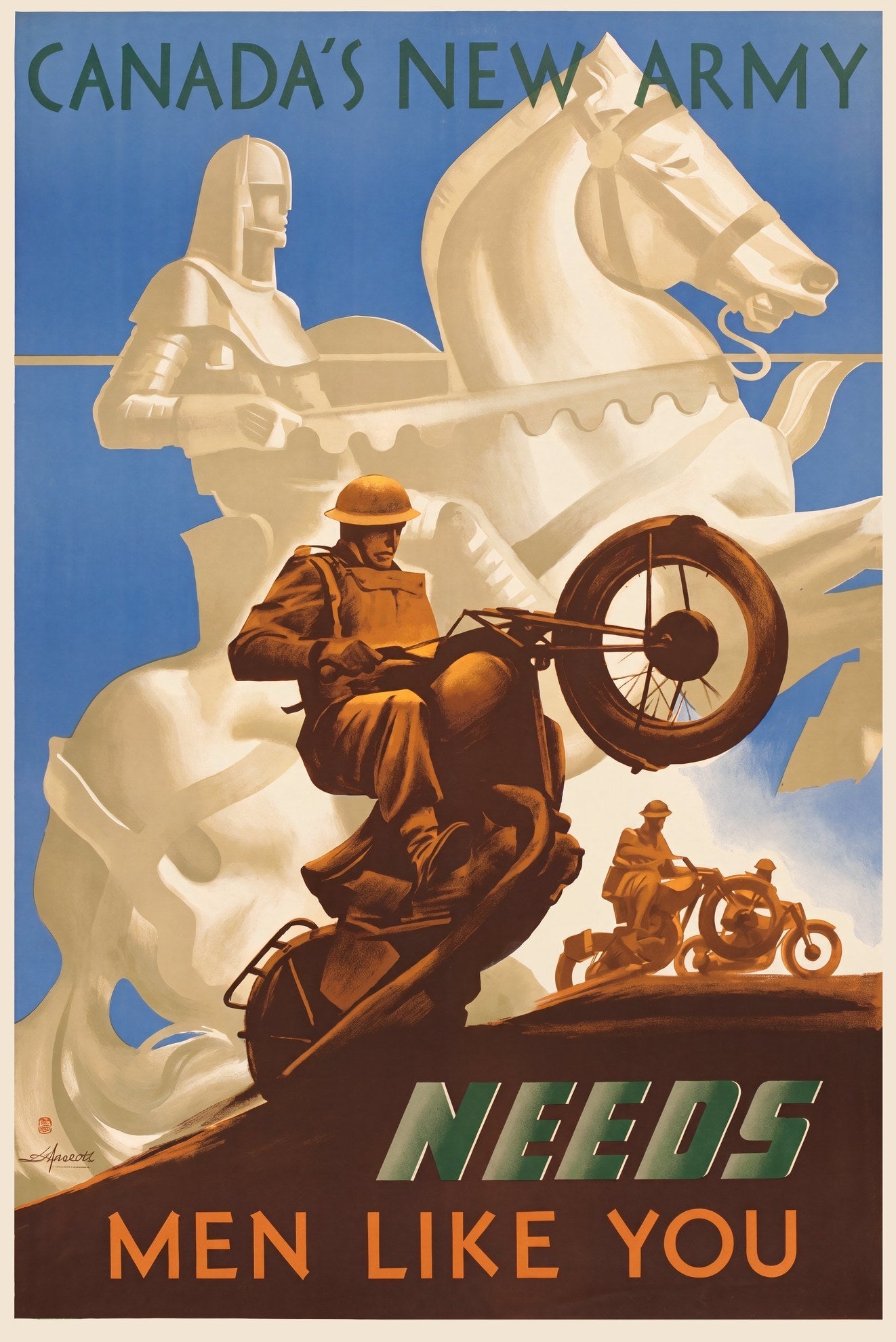 1942 Canada's New Army WW2 recruitment poster showing motorcyclist with knight, Aldwinckle