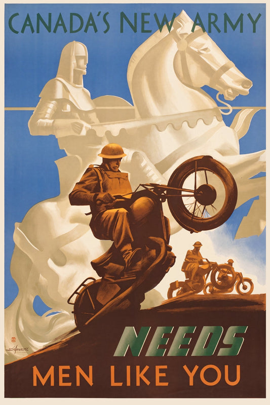 1942 Canada's New Army WW2 recruitment poster showing motorcyclist with knight, Aldwinckle