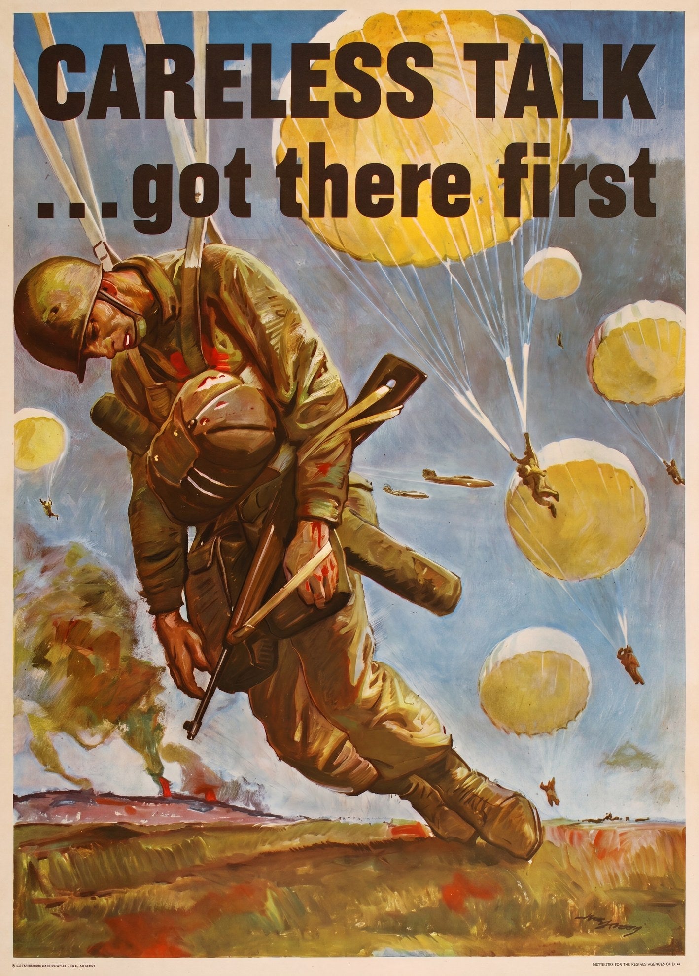 1944 American war propaganda poster showing wounded paratrooper in parachute harness, brown khaki uniform, Herbert Morton Stoops