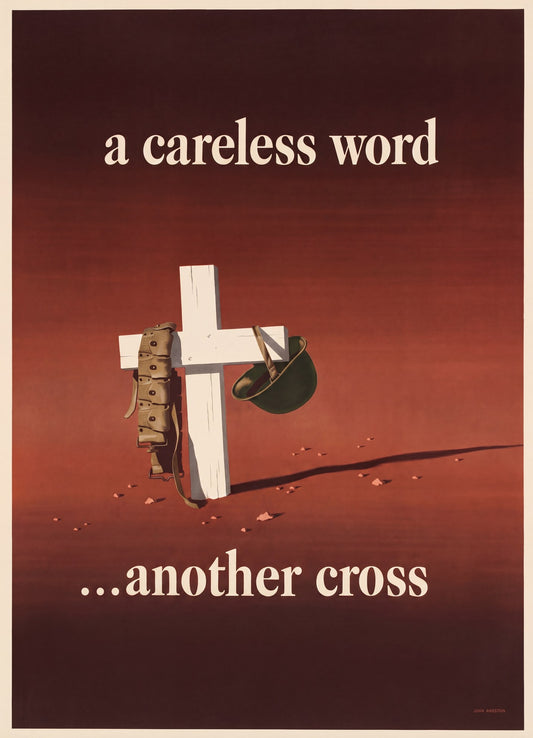 1943 WW2 propaganda poster showing white cross grave marker with helmet and ammunition belt, deep red background, John Atherton