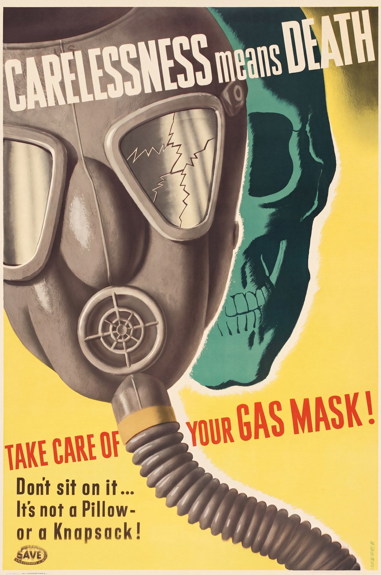 1943 WWII propaganda poster showing cracked gas mask and green skull, yellow and red palette, Sascha Maurer
