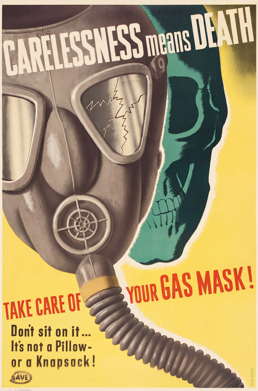 1943 WWII propaganda poster showing cracked gas mask and green skull, yellow and red palette, Sascha Maurer
