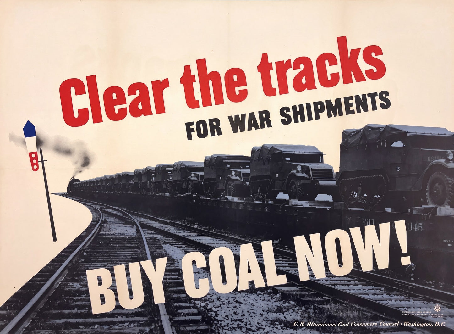 1943 WW2 home front poster showing train carrying military vehicles, red and cream typography, US coal conservation campaign
