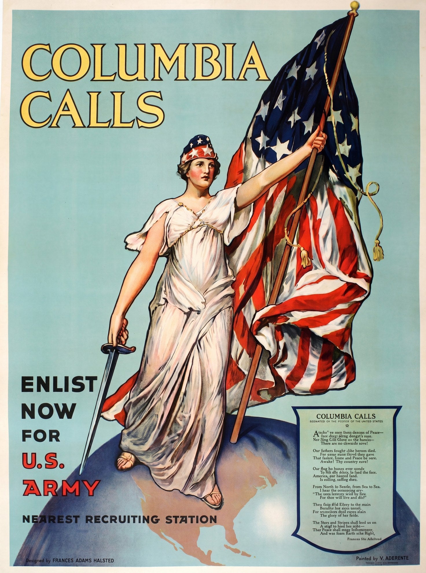 1917 WWI recruitment poster showing Columbia holding American flag and sword, standing on globe, light blue background, Vincent Aderente