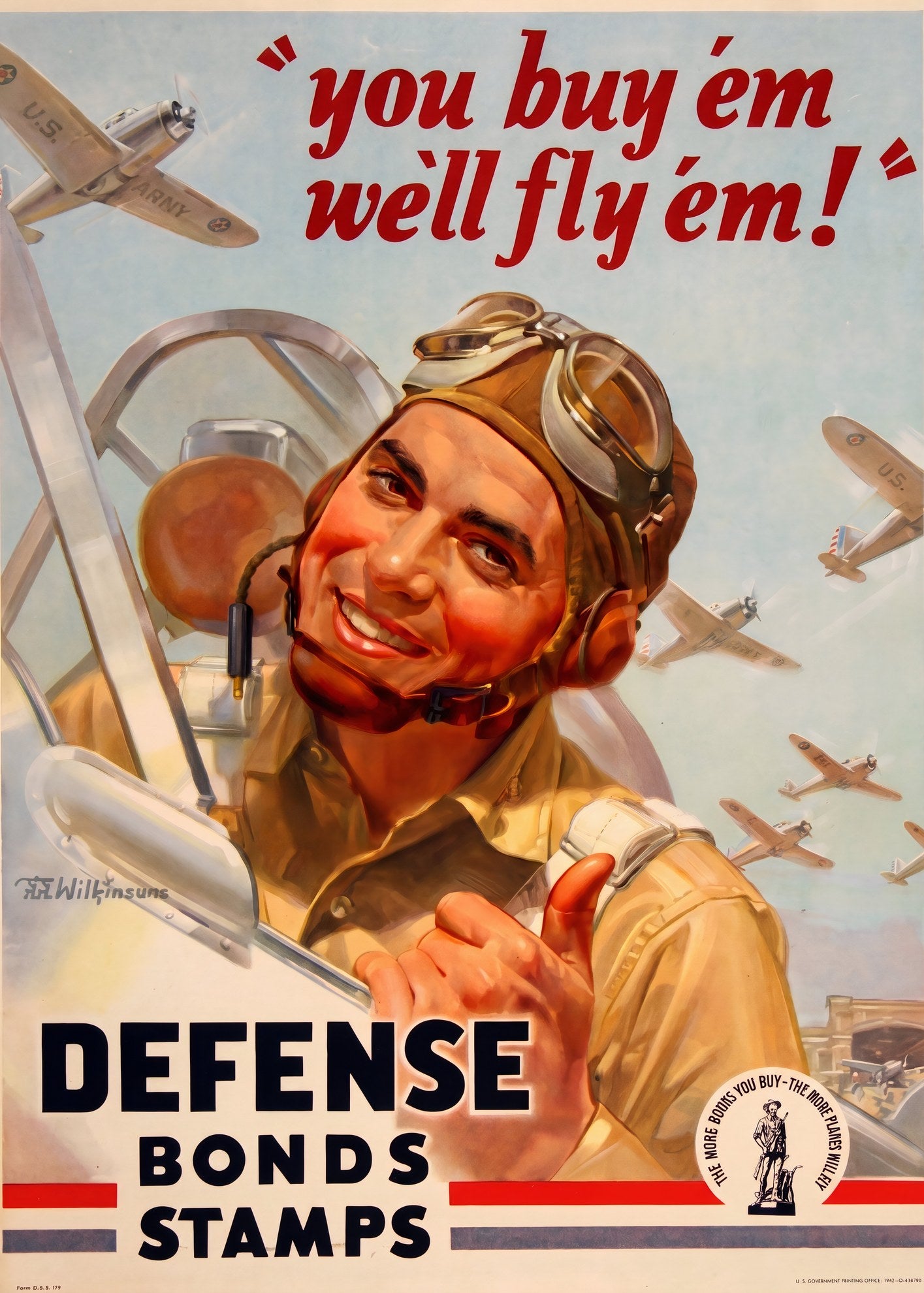 1942 WW2 propaganda poster: US Army pilot gives thumbs-up in cockpit, aircraft squadron overhead, crimson script headline, Wilkinsons | The Vintage Poster Archives