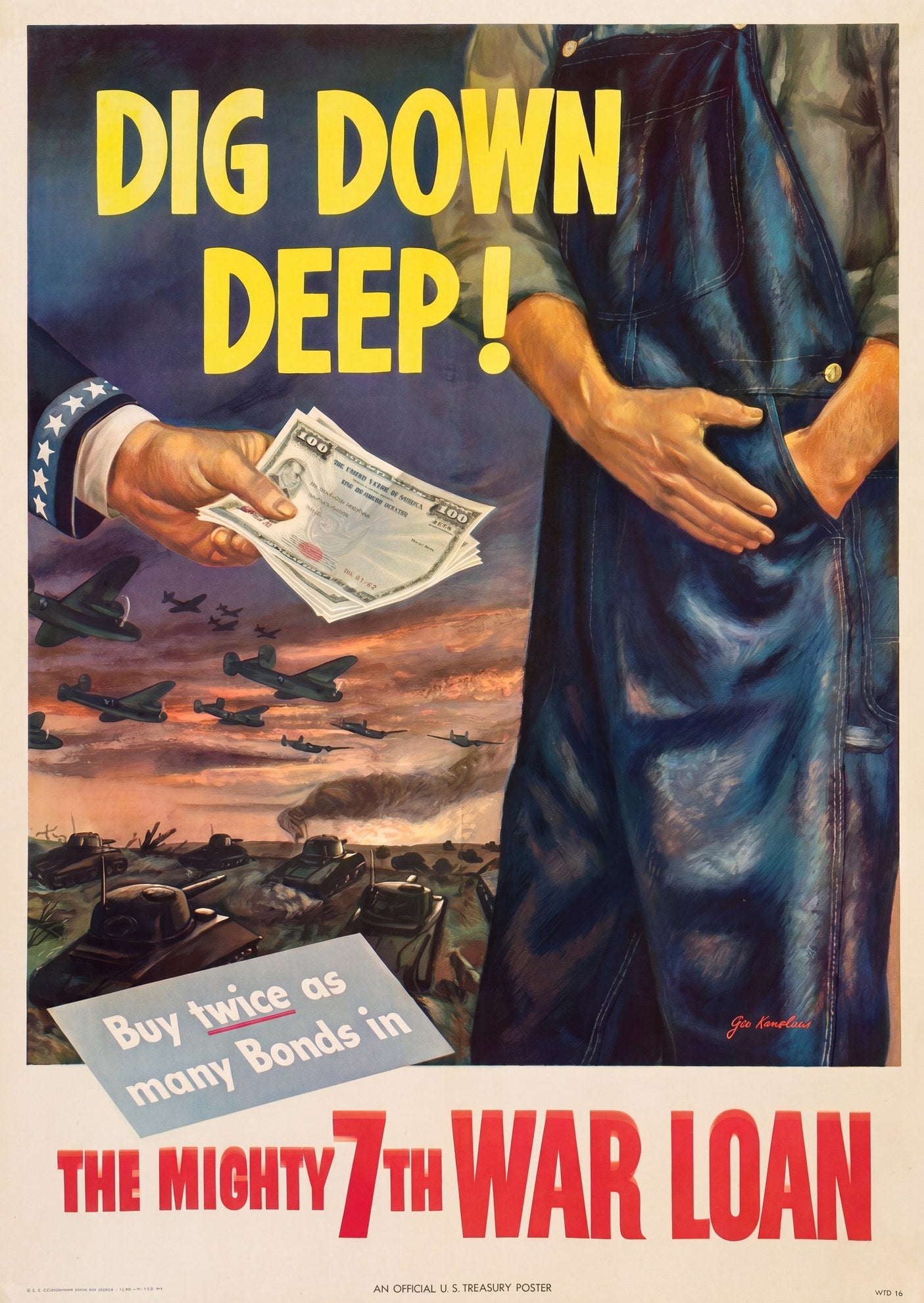 1945 7th War Loan propaganda poster showing handshake between military and civilian hands over battlefield, yellow and red typography, Joe Kanelous