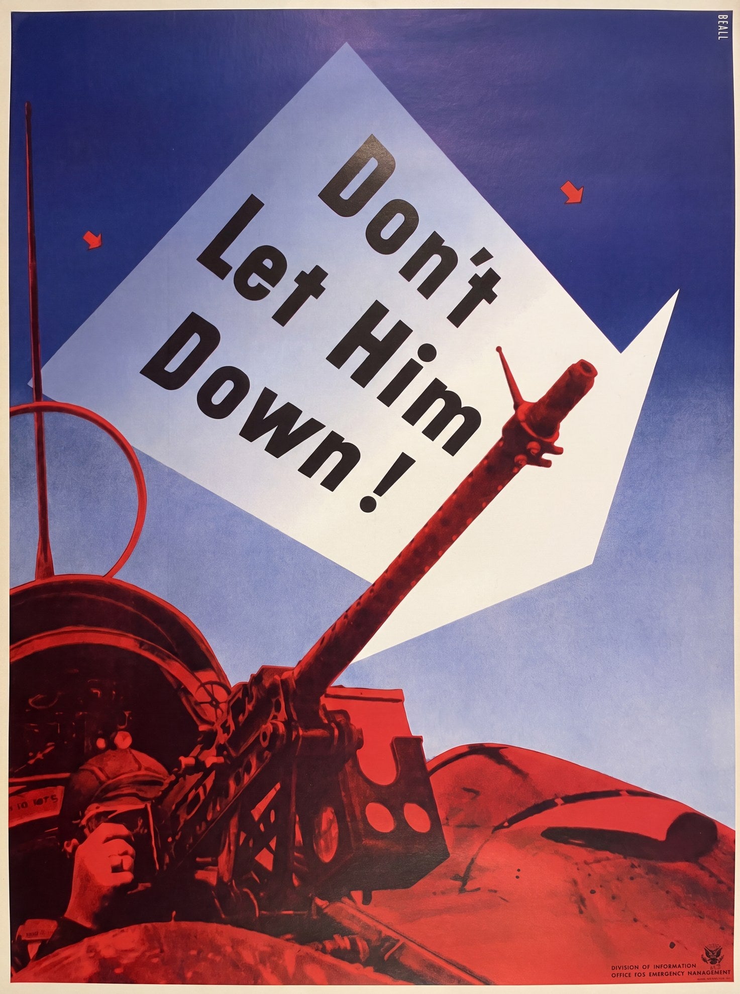 1941 US wartime propaganda poster showing soldier with turret gun, white arrow with black text, Lester Beall design