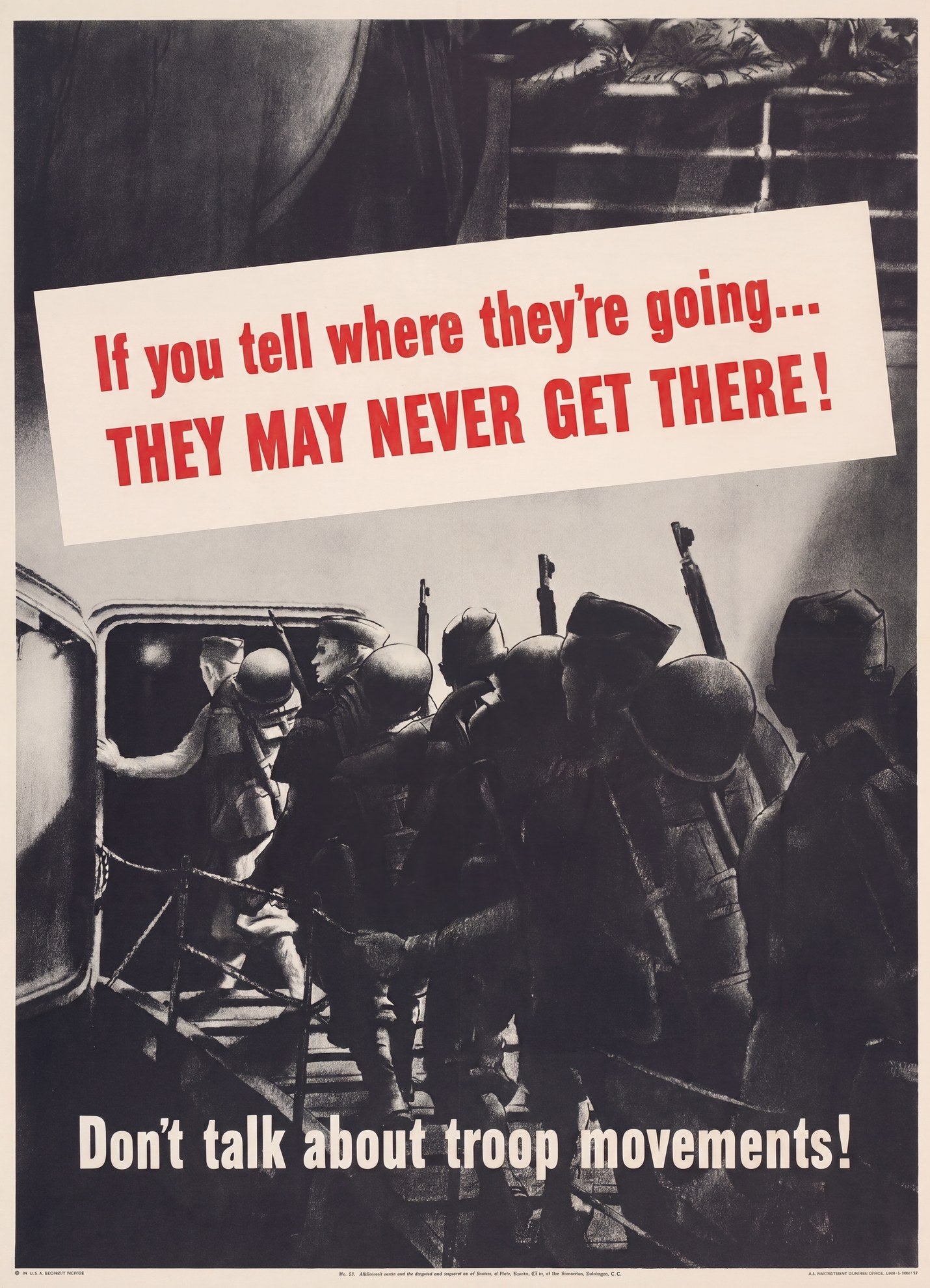 1943 WWII propaganda poster showing soldiers boarding naval vessel, red and white text warning against careless talk, John Philip Falter