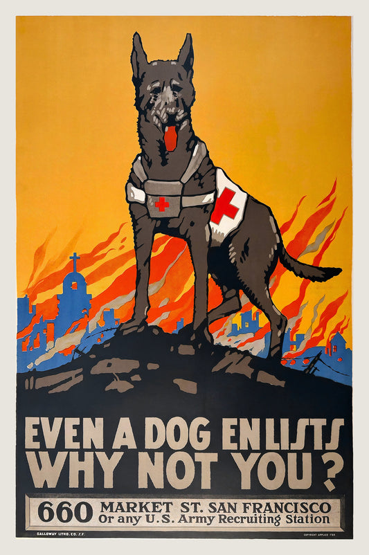 1917 WW1 US Army recruitment poster: Red Cross dog on rubble, burning city, amber sky, Mildred T. Moody | The Vintage Poster Archives