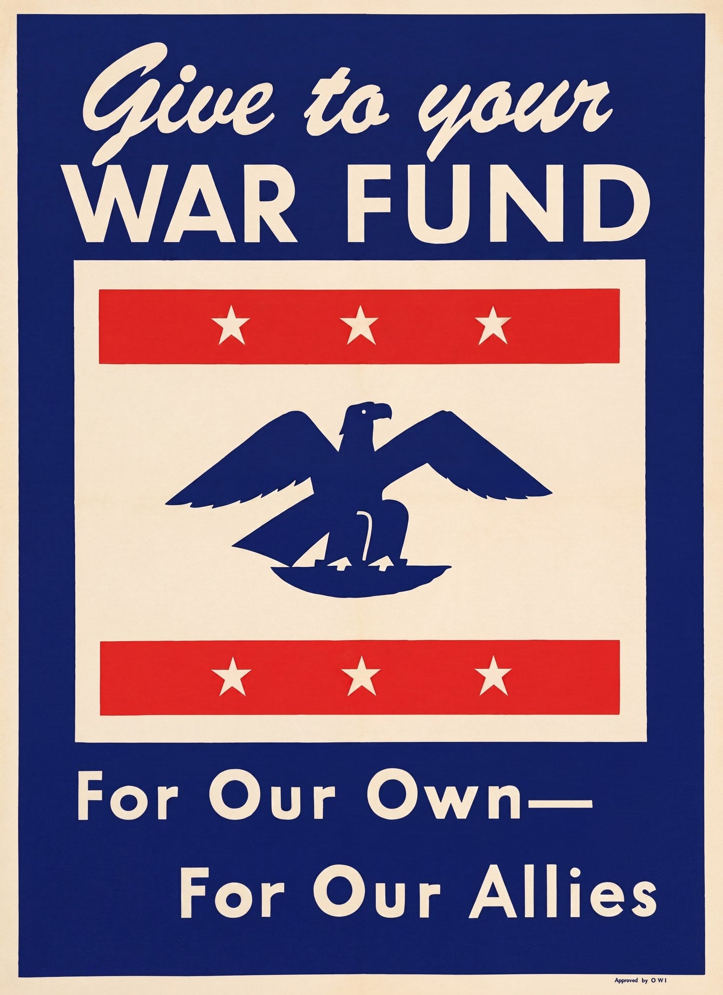 1943 National War Fund propaganda poster showing eagle silhouette against patriotic red and blue design, OWI commission