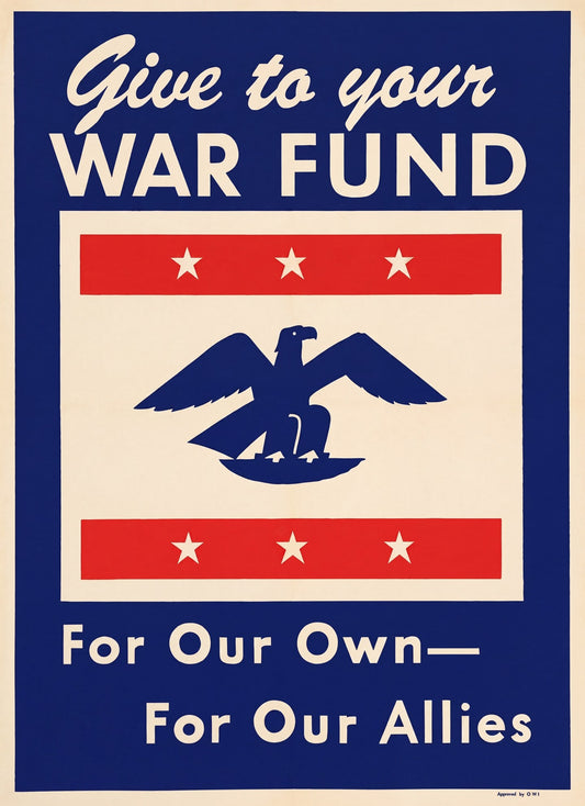 1943 National War Fund propaganda poster showing eagle silhouette against patriotic red and blue design, OWI commission