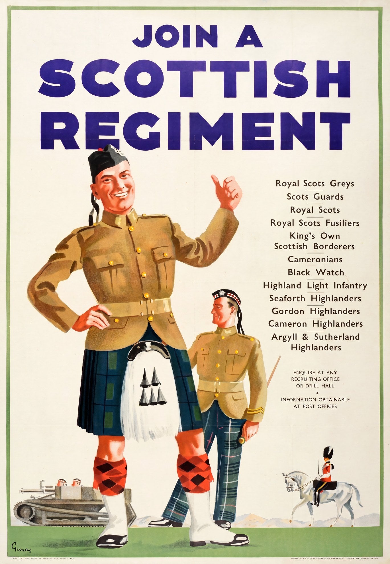 WW2 British recruitment poster: Join a Scottish Regiment, smiling kilt-clad soldier gestures upward, navy blue headline, Gilroy 1940 | The Vintage Poster Archives