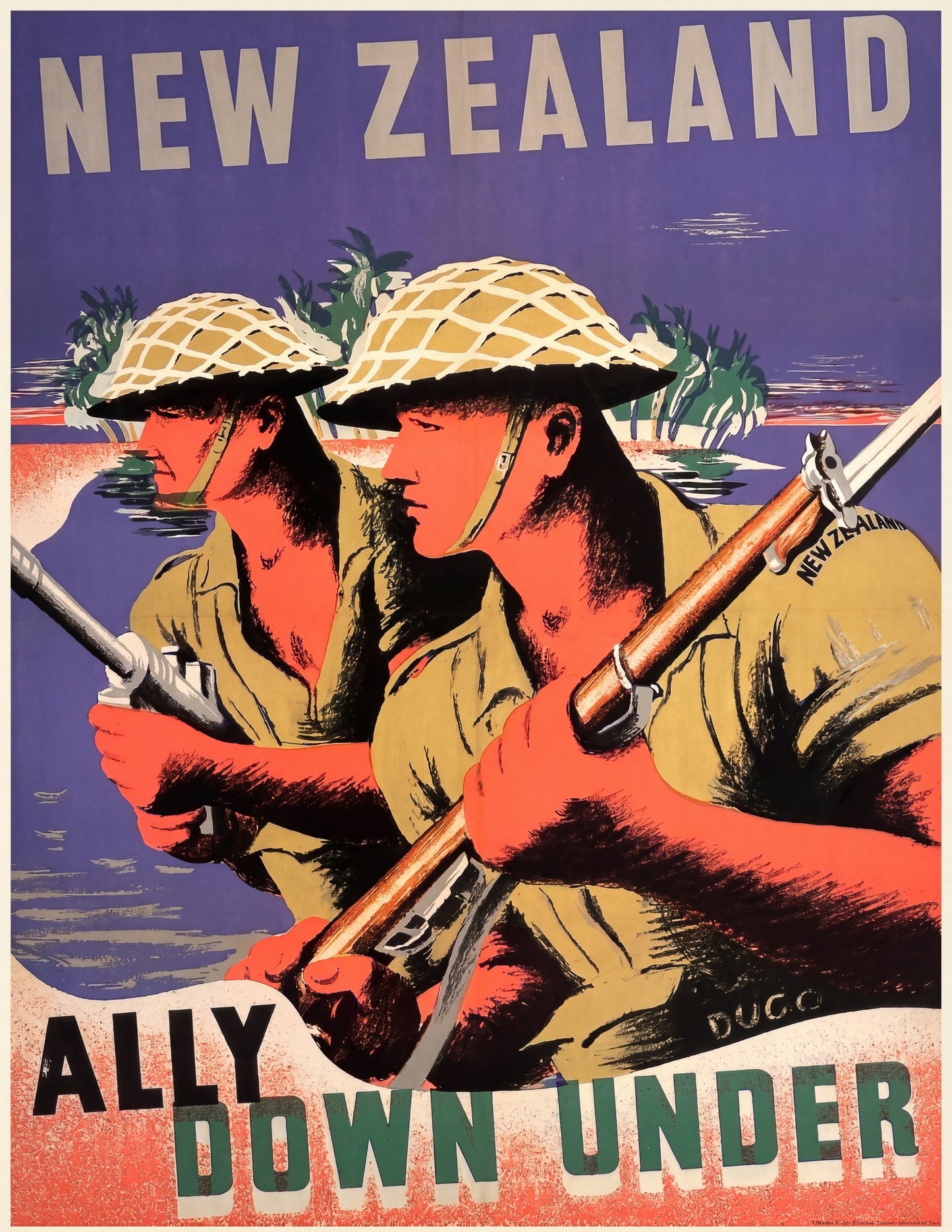 1943 New Zealand WW2 propaganda poster showing two Kiwi soldiers advancing with rifles, violet and coral palette, Duco | The Vintage Poster Archives