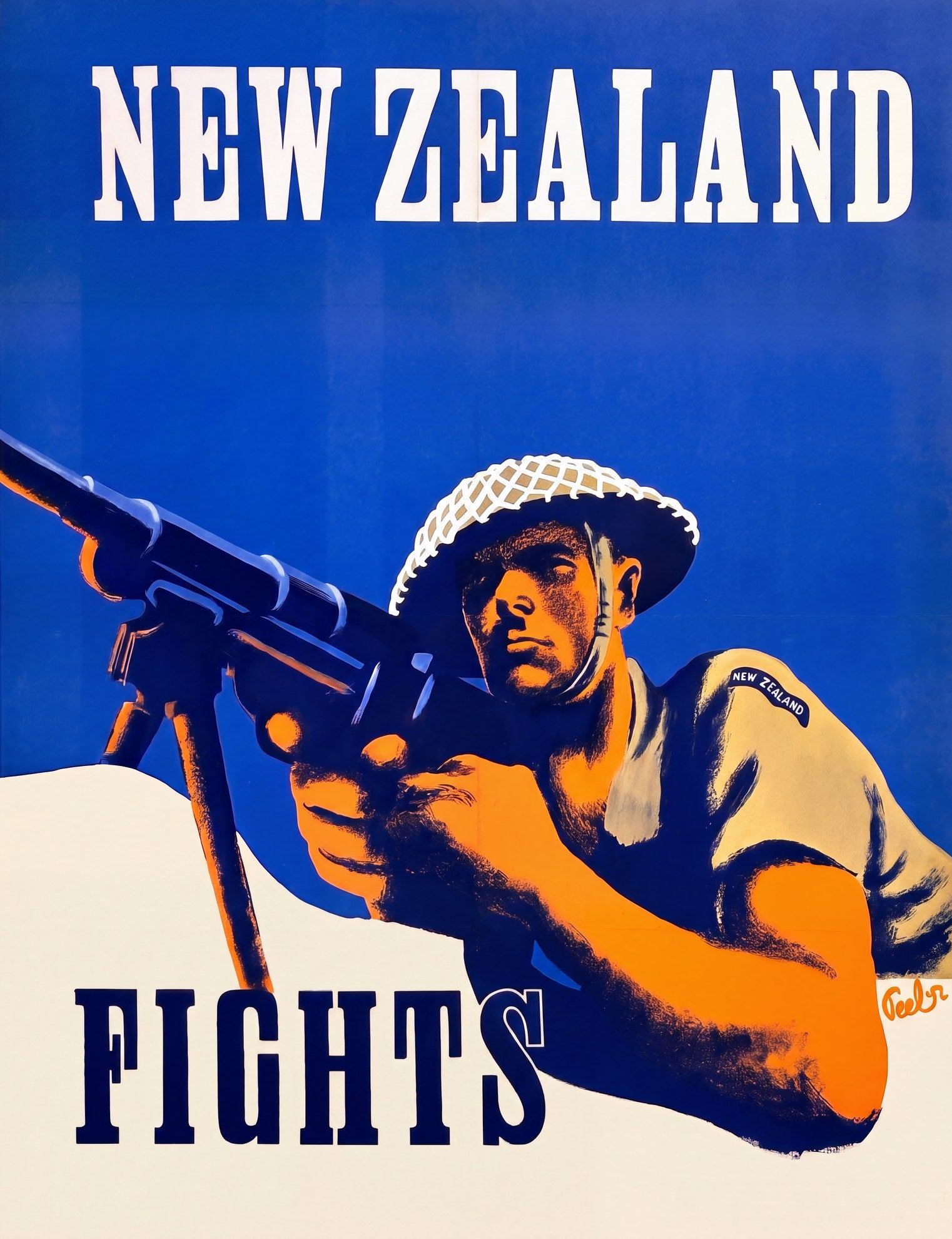 1942 WW2 propaganda poster: ANZAC soldier aiming machine gun, cobalt blue ground, A.T. Peel | The Vintage Poster Archives