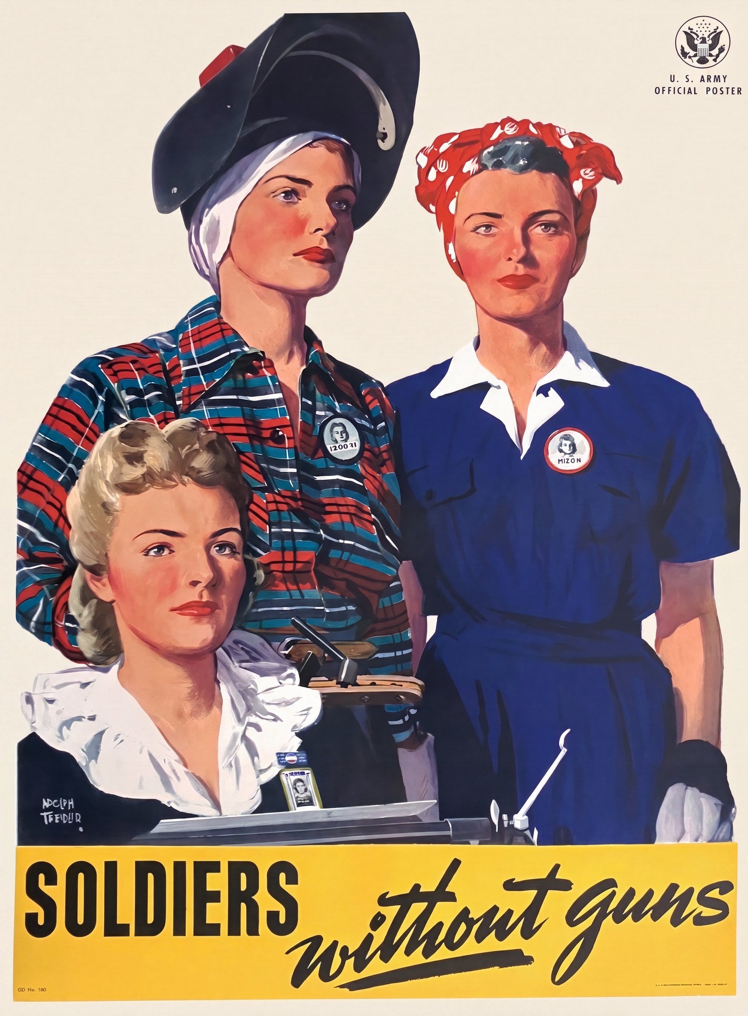 1944 WW2 propaganda poster showing three women war workers, cobalt blue and red palette, Adolph Treidler | The Vintage Poster Archives