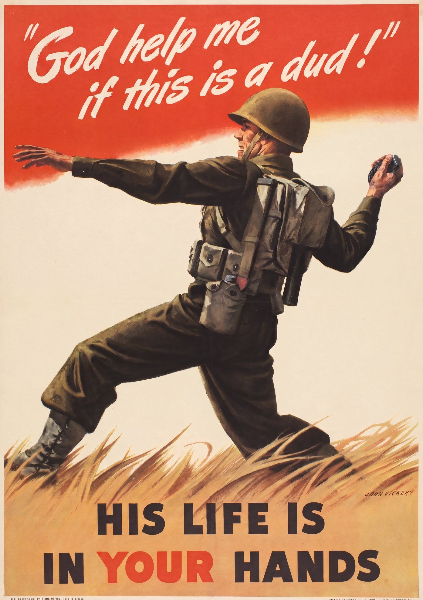 1943 WW2 US Army Ordnance propaganda poster showing GI throwing grenade, olive-drab and red, John Vickery | The Vintage Poster Archives